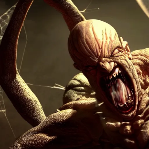 Image similar to shelob from lord of the rings, spider, eating nappa from dragonball, cinematic, hd z