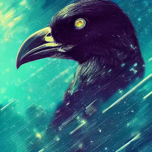 Prompt: portrait from a crow, feathers, bird, avian, wings, synthwave, universe background, nebula, galaxy, artstation