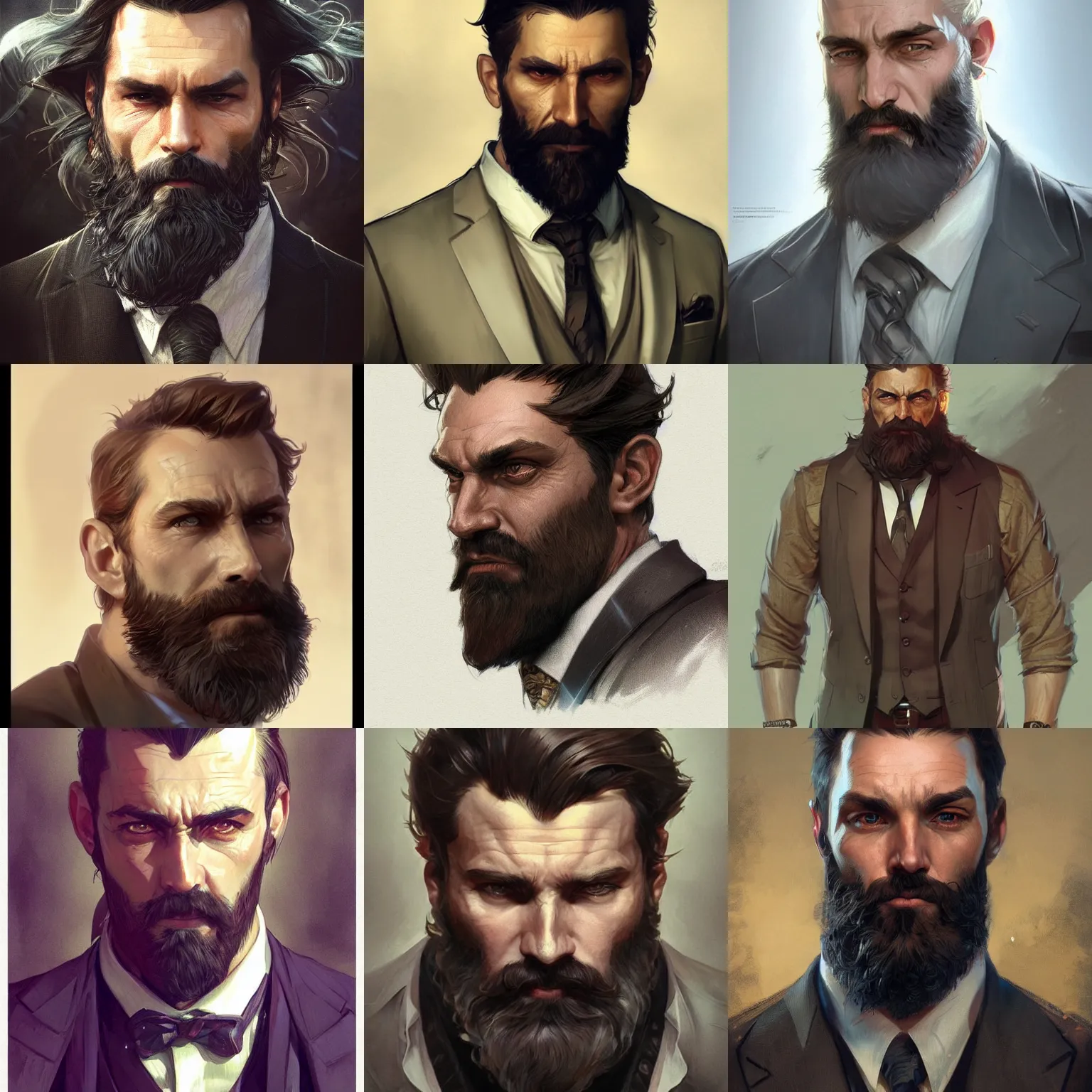 Prompt: rugged bearded man in suit, fantasy, D&D, portrait, piercing stare, highly detailed, digital painting, artstation, concept art, sharp focus, illustration, art by artgerm and greg rutkowski and alphonse mucha