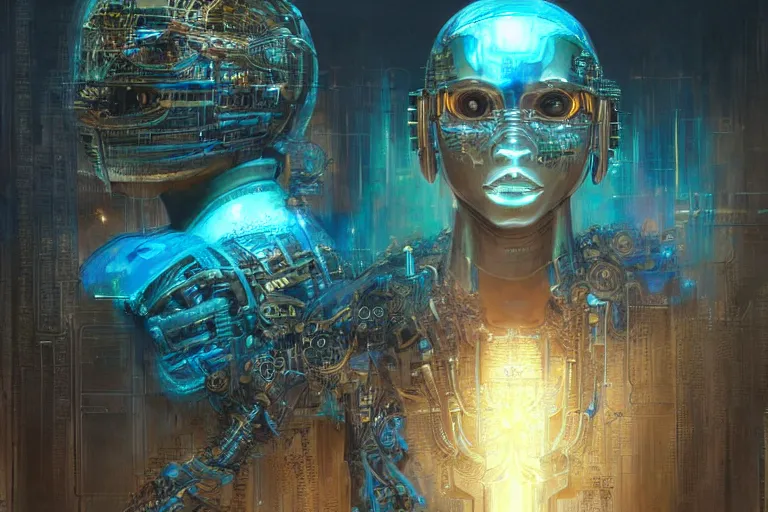 Prompt: A neofuturistic very highly detailed cyborg god with very highly detailed face in the African ghetto bar in a very highly detailed solarpunk sci-fi city digital rational painting art by Greg Rutkowski, sci-fi highly detailed, digital concept art, Dimensional cyan gold natural light, sharp focus, Golden Ratio illustration, realistic concept art by Stephen Hickman and James Gurney and Hiromasa Ogura Ghost in the Shell rendered in Octane Render, From the distance