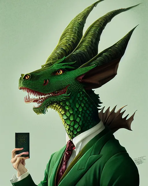 Image similar to anthropomorphic art of a businessman dragon, green dragon, portrait, victorian inspired clothing by artgerm, victo ngai, ryohei hase, artstation. fractal papers and books. highly detailed digital painting, smooth, global illumination, fantasy art by greg rutkowsky, karl spitzweg