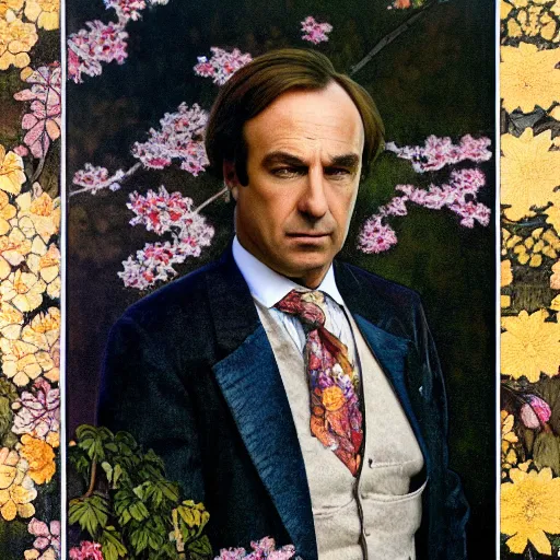 Prompt: saul goodman portrait picture by alfons mucha, golden hour, realistic, body shot, sharp focus, 8 k high definition, insanely detailed, intricate, elegant, cherry blossoms