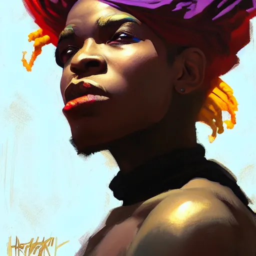 Image similar to Greg Manchess portrait painting of an afropunk villian character, medium shot, asymmetrical, profile picture, Organic Painting, sunset dark dramatic day, matte painting, bold shapes, hard edges, street art, trending on artstation, by Huang Guangjian and Gil Elvgren and Sachin Teng