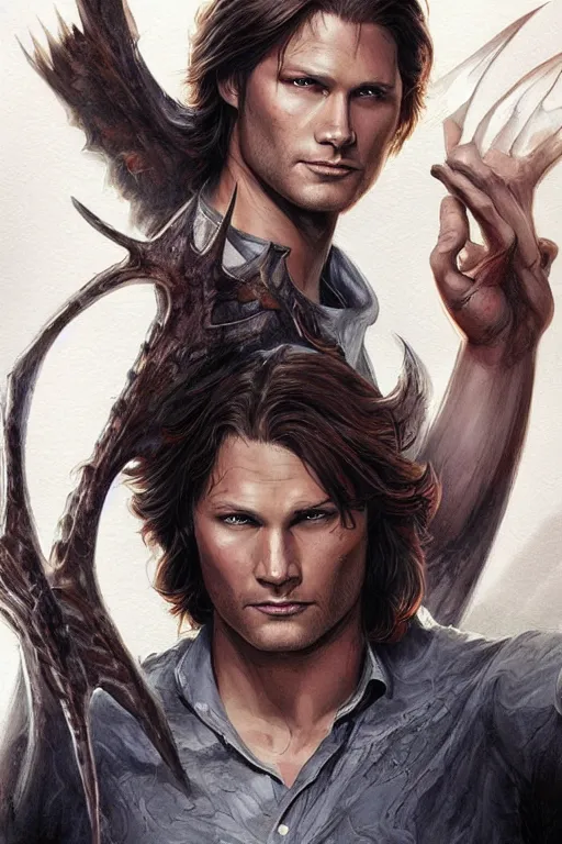 Prompt: front portrait of attractive sam winchester as a supernatural being, d & d!, fantasy style, sharp focus!, ultra detailed, art by artgerm and peter andrew jones, wlop