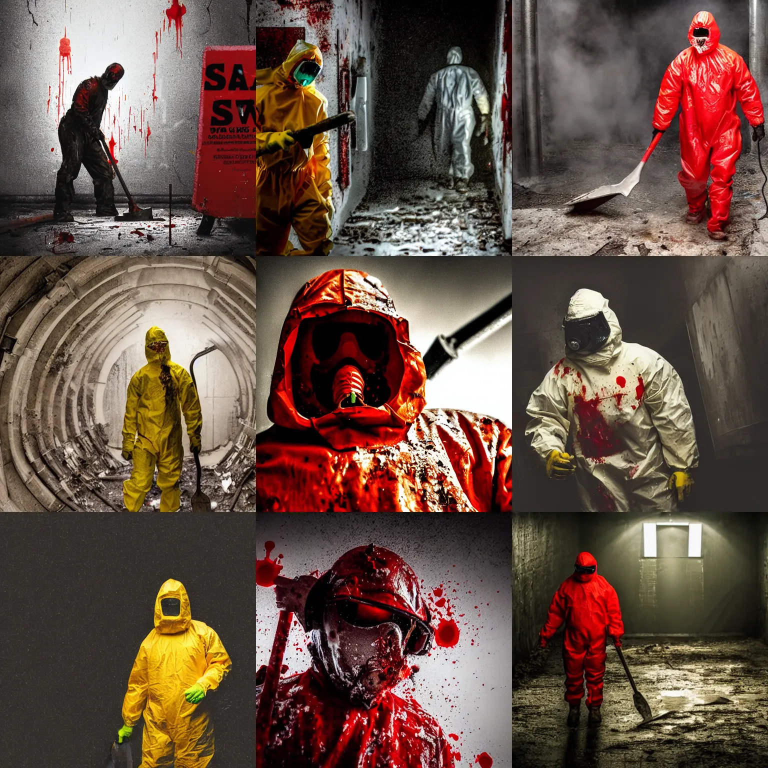 Image similar to still from the movie saw, low angle skewed shot of a man in a bloody hazmat suit, big shovel, blood, horror, award winning photo, high detail, atmospheric, 8k