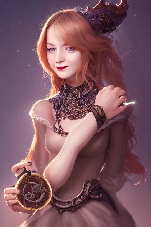 Image similar to portrait of a gorgeous young female artificer holding a strange device, looking at camera, D&D, choker on neck, stylish dress, mouth slightly open, cute slightly nerdy smile, very long flowing hair, intricate, elegant, stylish, fantasy, extremely detailed, digital painting, artstation, concept art, smooth, sharp focus, illustration, stunning lighting, art by artgerm and greg rutkowski and alphonse mucha and simon stalenhag