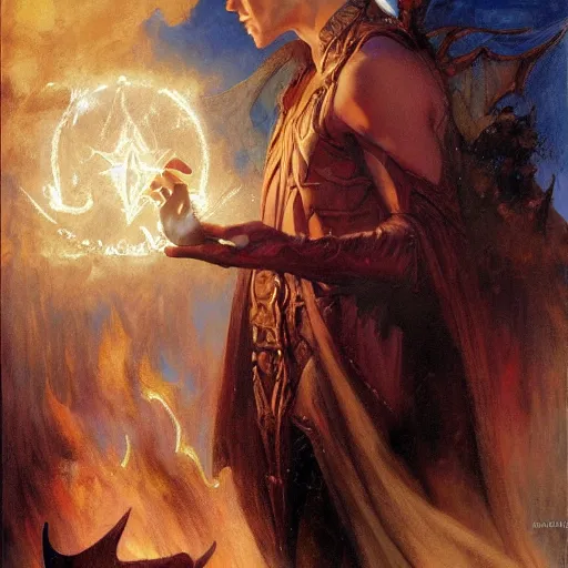 Image similar to attractive magician casts dark spell, summoning attractive lucifer morningstar. highly detailed painting by gaston bussiere, craig mullins, j. c. leyendecker 8 k