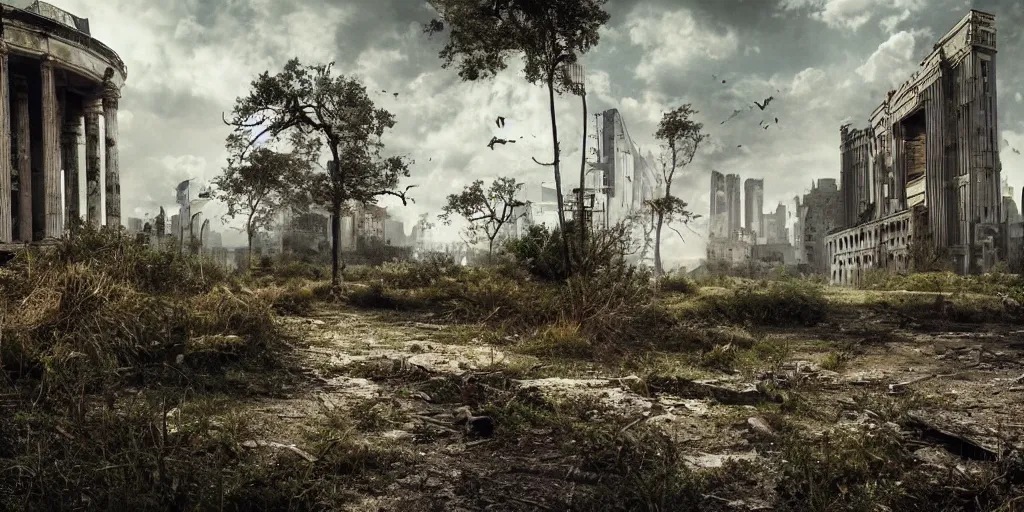 Image similar to abandoned city reclaimed by nature, cinematic shots, smooth light ing, happy, calm