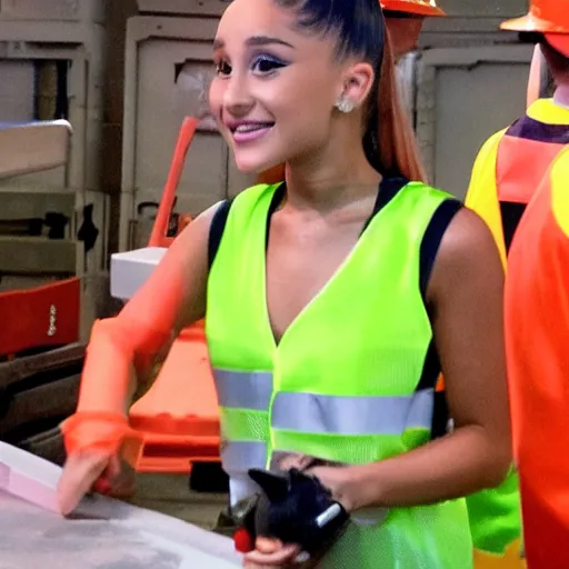 Prompt: photo, close up, ariana grande in a hi vis vest, in tyson slaughterhouse, android cameraphone, 2 6 mm,