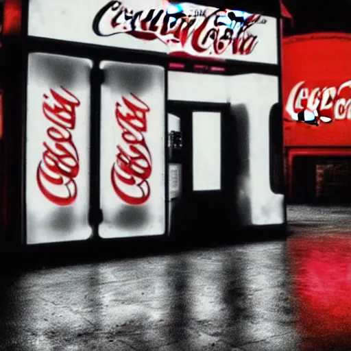 Prompt: a glass of coca cola in the street, neon lights, steam coming from the sewers