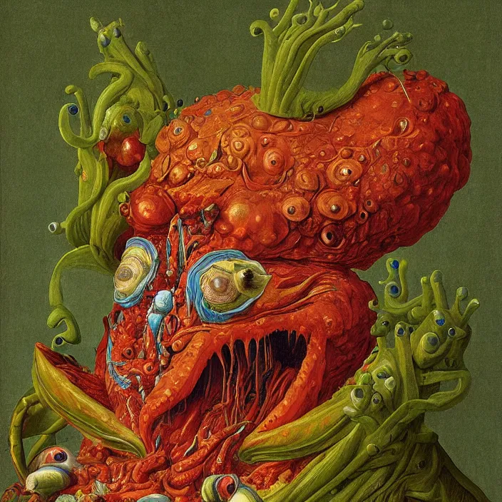 Image similar to close up portrait of a mutant monster creature with face in the shape of a colorful exotic carnivorous plant, snail - like protruding eyes. by jan van eyck, walton ford