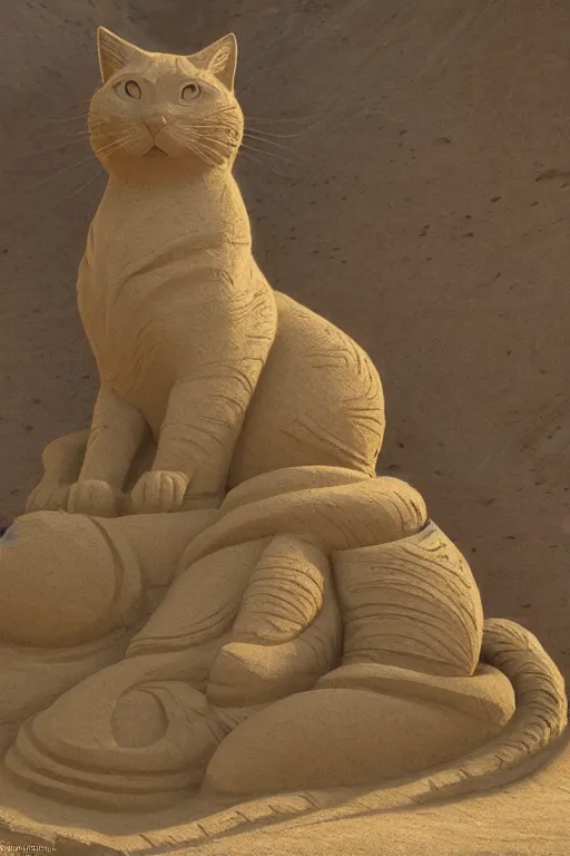 Image similar to a detailed sand sculpture of a godly cat, unreal engine 5, elegant, painted by gaston bussiere, hyper realism, artistic, dramatic lighting