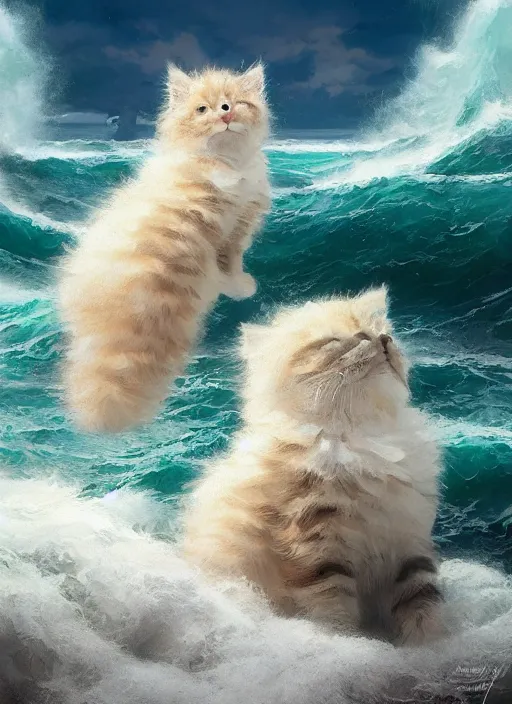 Image similar to rough sea with water made of fluffy kittens waves made of fluffy kittens Mandelbrot fractal by Craig Mullins, ilya kuvshinov, krenz cushart, artgerm trending on artstation by Edward Hopper and Dan Mumford and WLOP and Rutkovsky, Unreal Engine 5, Lumen, Nanite, low poly