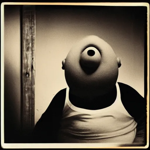 Image similar to a black and white polaroid photo of [ a homunculus with a nose for a head and a chubby body ], by robert crumb, by jim henson, by gary baseman, high contrast, soft lighting, surreal, film photography