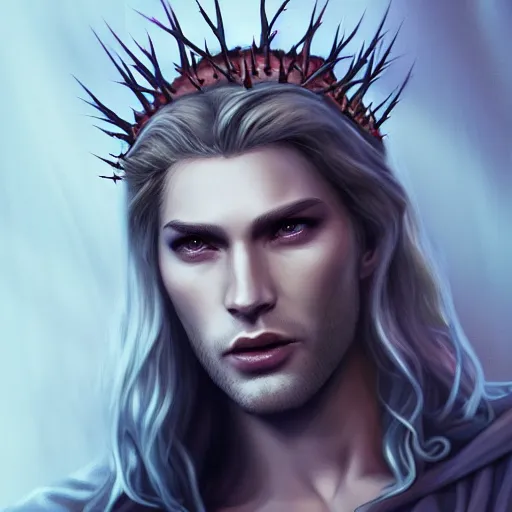 Prompt: Lucifer as an attractive cody fern with blue eyes and long dirty blonde hair with a chiseled jawline, wearing a demonic crown of thorns, 4k digital character design by Artgerm, WLOP, beeple, Hi-Fructose, James Jean, Andrei Riabovitchev, Marc Simonetti, yoshitaka Amano, Artstation, CGsociety