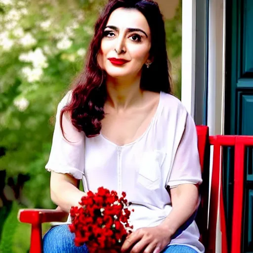 Image similar to a beautiful portrait of the turkish actress sumeyye aydogan, duy beni serial, sitting on the porch holding a flower, in front of the house