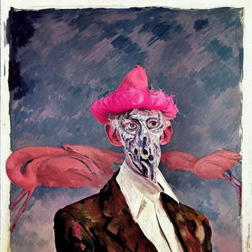 Image similar to shredded physique feathered tall neck beak Portrait of Samuel Beckett camouflaged as Flamingo whilst wearing a pink tuxedo Standing atop a Garbage Truck Greg Rutkowski Lucian Freud Paul Cezanne antonio donghi Jamie Wyeth