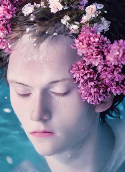 Image similar to Kodak Portra 400, 8K,ARTSTATION, Caroline Gariba, soft light, volumetric lighting, highly detailed, britt marling style 3/4 , extreme Close-up portrait photography of a Dorian Electra hiding in flowers how pre-Raphaelites with his eyes closed,inspired by Ophelia paint, his face is under water Pamukkale, face above water in soapy bath tub, hair are intricate with highly detailed realistic , Realistic, Refined, Highly Detailed, interstellar outdoor soft pastel lighting colors scheme, outdoor fine photography, Hyper realistic, photo realistic