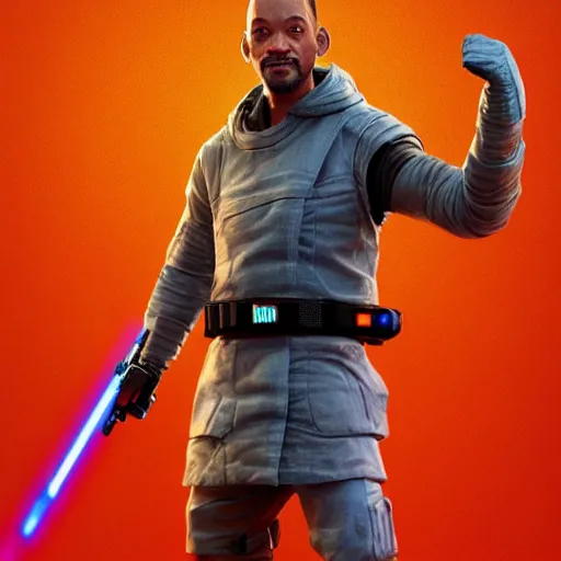 Image similar to will smith as a jedi, starwars, hyper detailed, digital art, trending in artstation, cinematic lighting, studio quality, smooth render, unreal engine 5 rendered, octane rendered