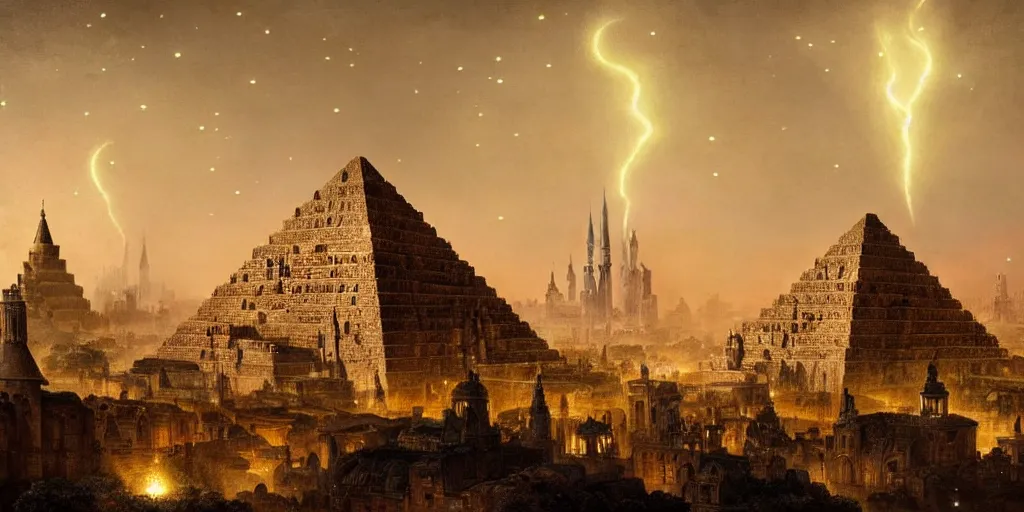 Image similar to magical city of the great tartarian empire adorned with amazing lost technology, lighting resembling fireflies, spires from rooftops collecting and distributing etheric energy, the centerpiece of the city is a colossal ancient pyramid made of metal, cityscape, combining intense detail & utmost quality, late 1 8 0 0 s photography christian hecker, artstation, - h 8 3 2