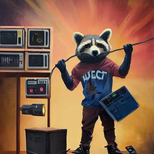 Image similar to greg manchess painting of a trash panda character, wearing an acdc t - shirt, holding a box of cables and standing next to old electronic equiptment, medium shot, asymmetrical, profile picture, organic painting, sunny day, matte painting, bold shapes, hard edges, street art, trending on artstation, by huang guangjian and gil elvgren and sachin teng