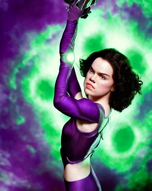 Prompt: photos of beautiful purple skinned actress Daisy Ridley as the Green Lantern soranik natu as she soars thru outer space, purple skin, purple skin colored Daisy Ridley, photogenic, purple skin, short black pixie like hair, particle effects, photography, studio lighting, photographed in the style of Annie Leibovitz