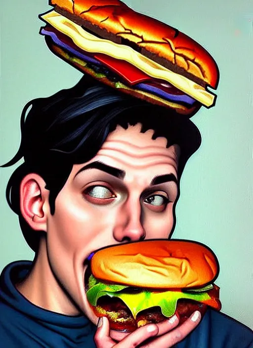 Image similar to oil painting, jughead jones wears a grey crown and devours a hamburger, intricate, elegant, highly detailed, lighting, painting, artstation, smooth, illustration, art by greg rutowski and alphonse mucha