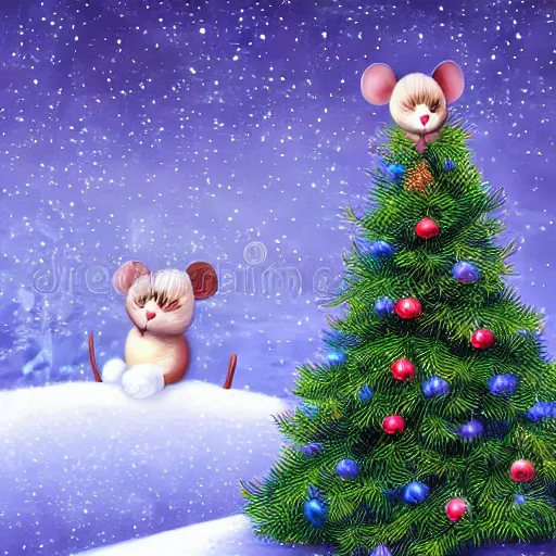 Image similar to cute fluffy mouse sitting by a christmas tree with lights and ornaments and snow detailed painting 4 k