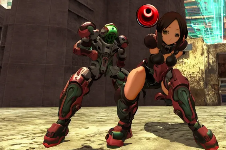 Image similar to an anime girl in a screenshot of the video game doom, the anime girl is crouching