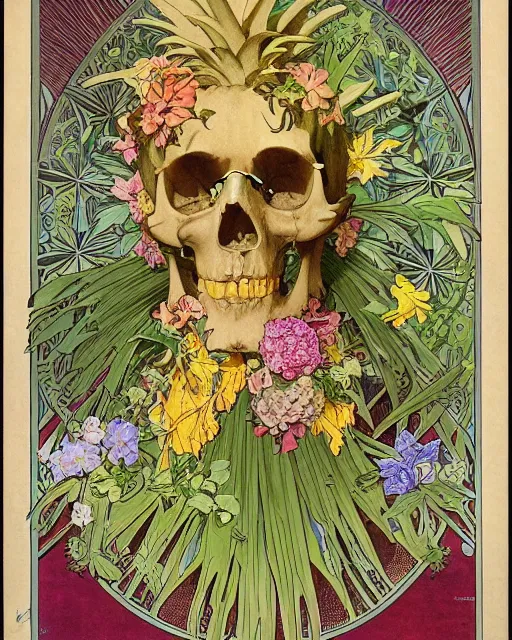 Image similar to Poster of an ancient skull with pineapple leaves growing out of the top art surrounded by varities of flowers, cell shading, by Alphonse Mucha, Moebius, hiroshi yoshida, Art Nouveau, colorful, ultradetailed, vivid colour, 3d