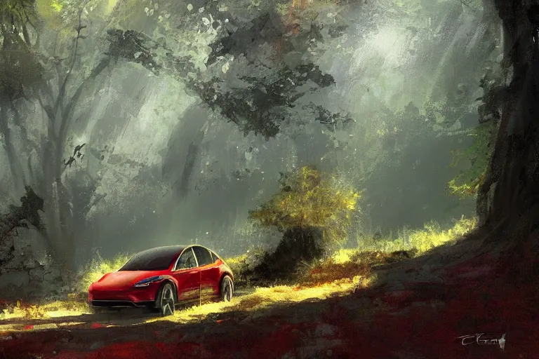 Image similar to A painting of a Tesla Model X in a forest by Craig Mullins, dramatic lighting, cinematic, establishing shot, extremely high detail, artstation