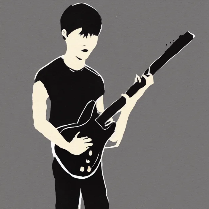 Image similar to minimal painting of a young korean man wearing black t shirt holding an electric guitar!!, dark background, huge brush strokes, dramatic smoke everywhere, matte colors, dramatic brush strokes, abstract, trending on artstation