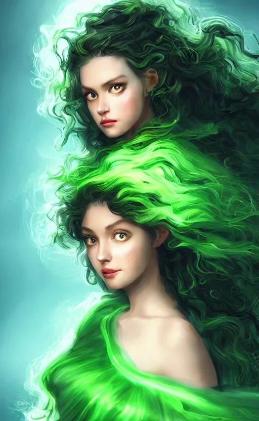 Image similar to a young woman with wild, curly hair and bright green eyes. she's wearing a flowing dress made of light, airy fabric and she has a mischievous look on her face, dynamic lighting, photorealistic fantasy concept art, trending on art station, stunning visuals, creative, cinematic, ultra detailed