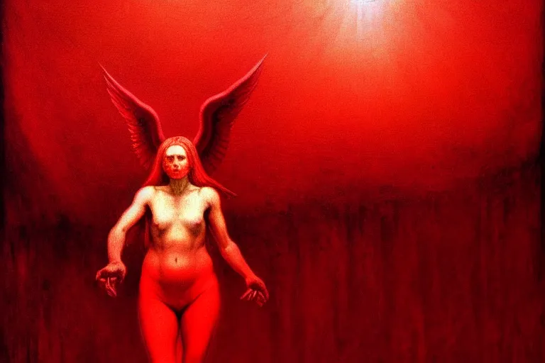 Image similar to only with red, a red angel announce the win, at the gates of a rich renaissance city. inthe background, pathos, in the style of beksinski, part by hopper, part by rodcenko, part by hofbauer, intricate composition, red by caravaggio, insanely quality, highly detailed, masterpiece, red light, artstation