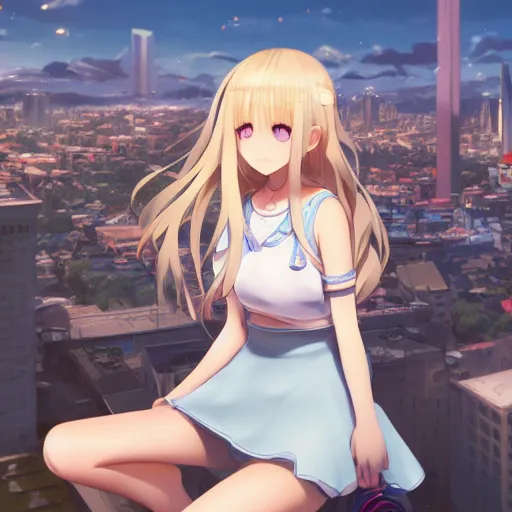 Image similar to a very beautiful anime girl, full body, long wavy blond hair, sky blue eyes, full round face, short smile, cute top, miniskirt, sitting on a miniature city, surround by a miniature crowd, cinematic lighting, medium shot, mid-shot, highly detailed, trending on Artstation, Unreal Engine 4k, cinematic wallpaper by Stanley Artgerm Lau, WLOP, Rossdraws, James Jean, Andrei Riabovitchev, Marc Simonetti, and Sakimichan