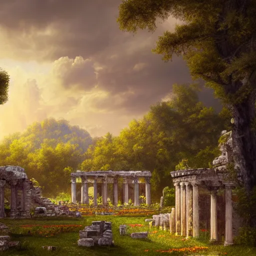 Prompt: beautiful highly detailed digital illustration of roses and sunflowers in front of a greek palace ruins in the forest. by Andreas Rocha, dramatic clouds, establishing shot, cinematic, architecture, artstation HQ, HD, 8k resolution, featured in art magazine, amazing depth, octane render, unreal engine 5