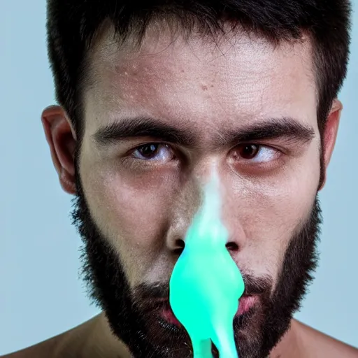 Image similar to man with pallid waxy face with liquid coming out of his nose