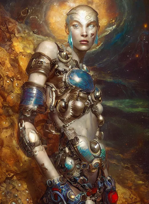 Prompt: biblical daemonic bautiful cyborg girl with glowing veins, shoulder pads, on planet jupiter, underwater photography, by gerald brom, by mikhail vrubel, by peter elson, muted colors, extreme detail, trending on artstation, 8 k