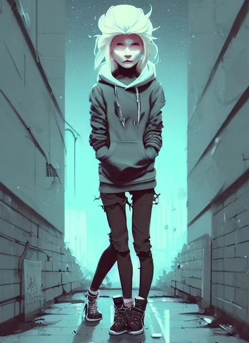 Image similar to highly detailed portrait of a sewer punk swedish young lady, hoodie, white hair by atey ghailan, by greg rutkowski, by greg tocchini, by james gilleard, by joe fenton, by kaethe butcher, gradient light blue, blonde, brown, cream and white color scheme, grunge aesthetic!!! ( ( graffiti tag wall background ) )