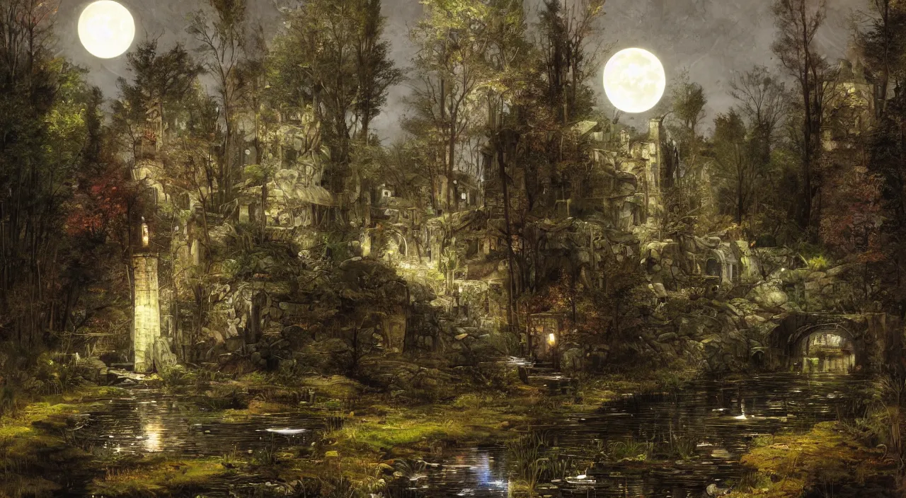 Image similar to cylindrical stone tower building, nighttime, dark, lit by the moon, woodland, steam emerging from culvert under path and flowing into pond, strong colours, vladimir motsar and tyler edlin and john william waterhouse and morgan weistling