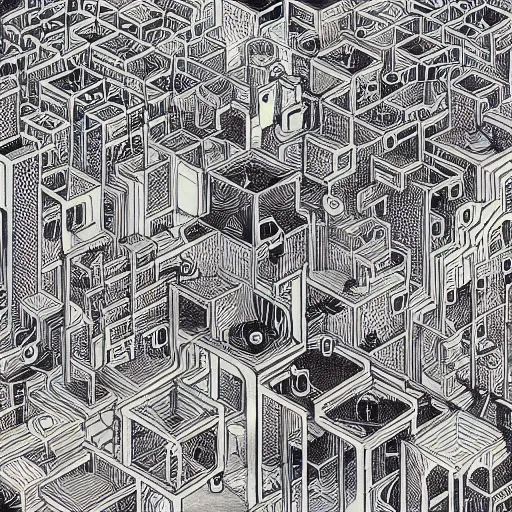 Image similar to “geometrically surreal cube town, extremely high detail, photorealistic, intricate drawings, dotart, album art in the style of James Jean”