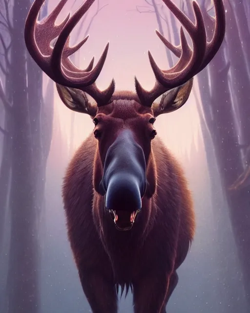 Image similar to highly detailed surreal vfx portrait of a sacred moose, stephen bliss, unreal engine, greg rutkowski, loish, rhads, beeple, makoto shinkai and lois van baarle, ilya kuvshinov, rossdraws, tom bagshaw, alphonse mucha, global illumination, detailed and intricate environment