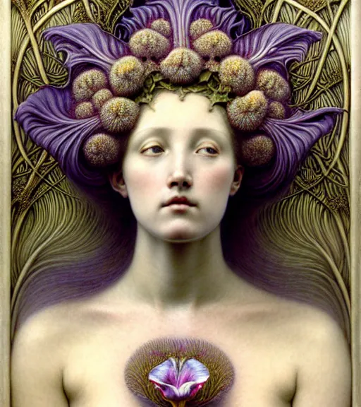 Image similar to beautiful young flower queen detailed realistic porcelain face portrait by jean delville, gustave dore, iris van herpen and marco mazzoni, art forms of nature by ernst haeckel, art nouveau, symbolist, visionary, gothic, neo - gothic, pre - raphaelite, fractal lace, intricate alien botanical biodiversity, surreality, hyperdetailed ultrasharp octane render