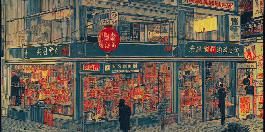 Image similar to a shop window in hong kong, by dan mumford and peter doig and edward hopper, minimal, black ink, thick lines, highly detailed, muted colours, overlaid with chinese adverts, 8 k