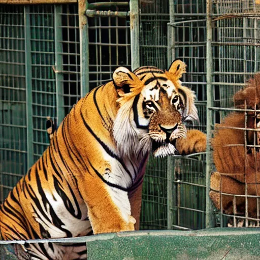 Image similar to lion and a tiger roaring in cage at the zoo wearing a hat