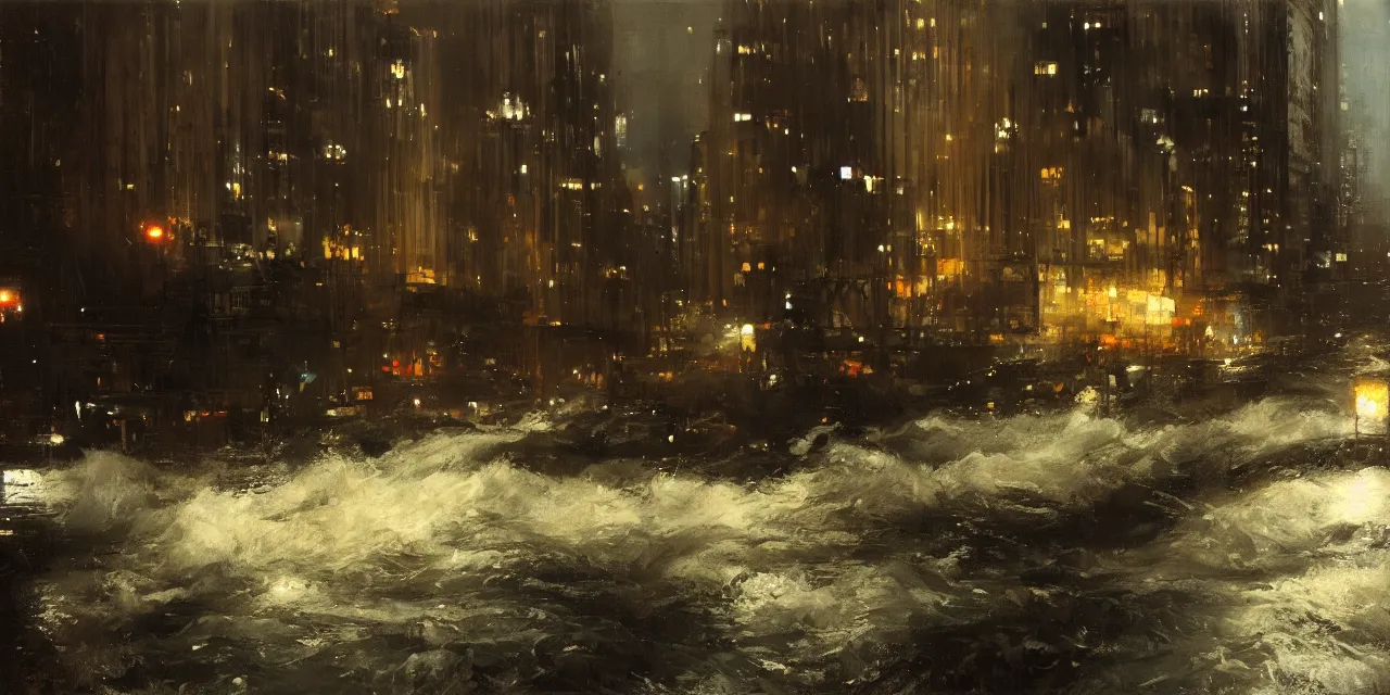 Image similar to street level view of turbulent river rapids rushing through a city at night , by Jeremy Mann