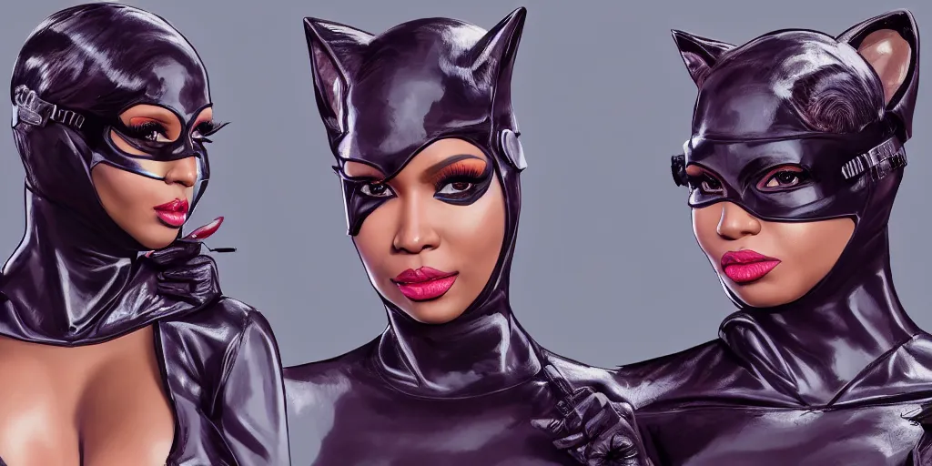 Prompt: portrait of nicki minaj as catwoman, character sheet, concept design, contrast, hot toys, kim jung gi, greg rutkowski, zabrocki, karlkka, jayison devadas, trending on artstation, 8 k, ultra wide angle, pincushion lens effect