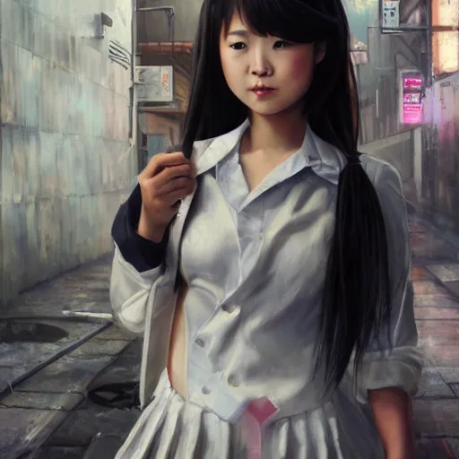 Image similar to a perfect, realistic professional oil painting of a Japanese schoolgirl posing in a dystopian alleyway, style of Marvel, full length, by a professional American senior artist on ArtStation, a high-quality hollywood-style concept