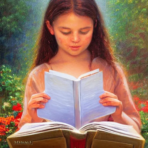 Prompt: a girl reading a book by Mark Keathley in the style of 2022 ai art