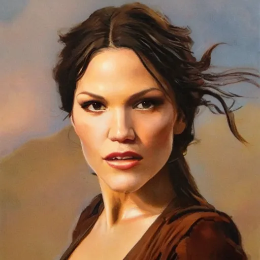 Image similar to ultra realistic portrait painting of katharine mcphee as a western outlaw, art by frank frazetta, 4 k, ultra realistic, highly detailed, epic lighting.